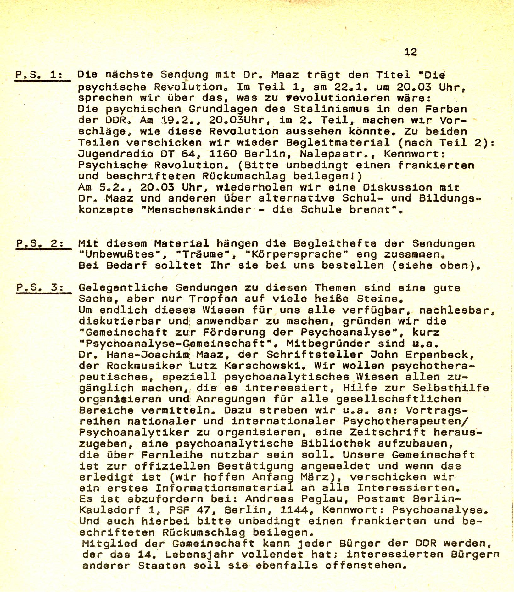 Schriftliche Mitteilung zur Gründung der "Gemeinschaft zur Förderung der Psychoanalyse" im Informationsmaterial der Sendung vom 18.12.1989. 